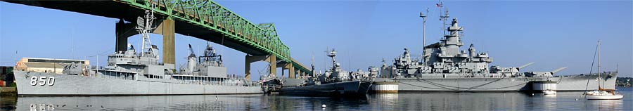 Panorama of the Destroyer USS Joseph P. Kennedy DD-850, Submarine USS Lionfish SS-298, Soviet Missile Corvette Hiddensse, and the Battleship USS Massachusetts BB-59