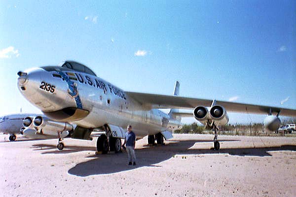 Rich Turck, a B-47 StratojetBomb/Nav Techician poses with a Stratojet at a museum in Tuscon, Arizona