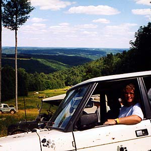 Bernie Cameron in her Range Rover at the Greek Peak Meet in Courtland, New York